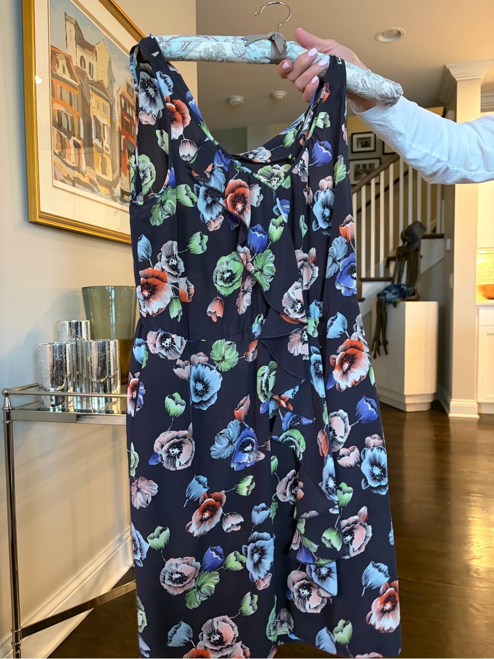 Rebecca Taylor Floral Ruffle-Front Navy Sleeveless Dress